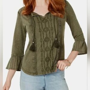 Style & Co Women's Olive Boho Peasant Cottage Core Top with Bell Sleeves, M